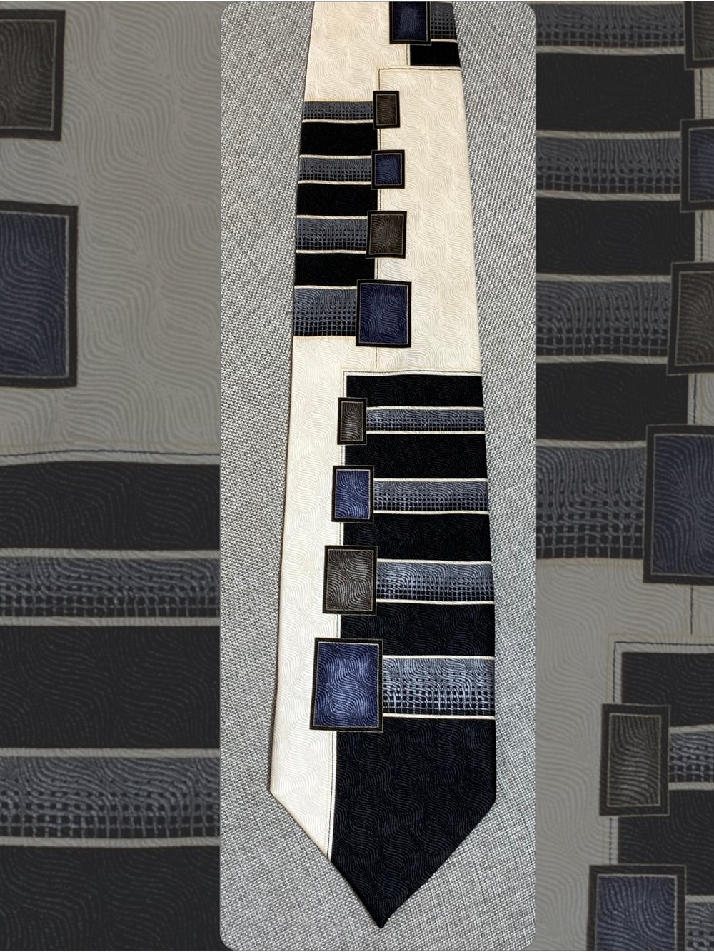 Geometric Block Silk Necktie - Ivory Black Navy Mod Abstract
